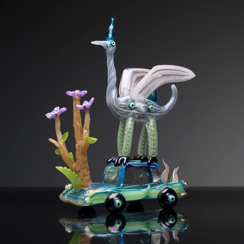Image: Tom Moore, Circus Fledging, 2019, hot joined blown and solid glass with steel and silicon, 340 x 270 x 160 mm, photographer: Grant Hancock.