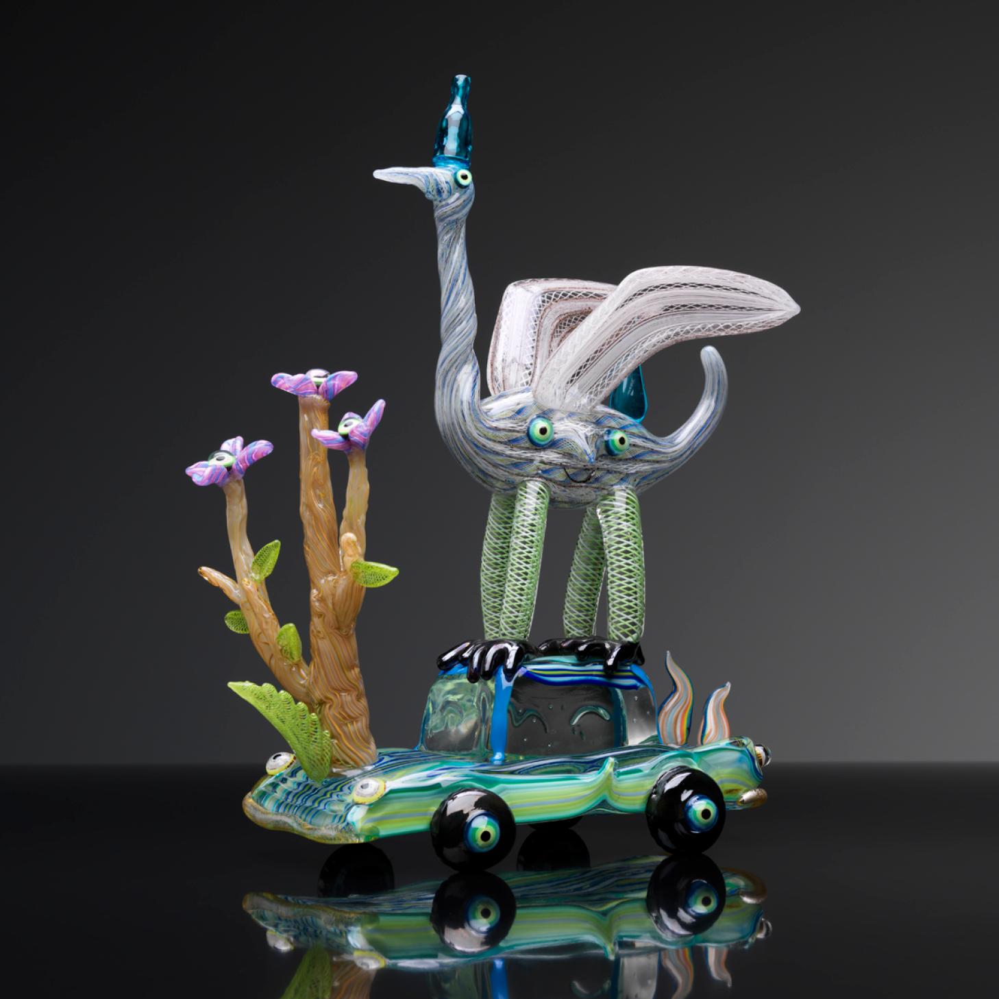 Image: Tom Moore, Circus Fledging, 2019, hot joined blown and solid glass with steel and silicon, 340 x 270 x 160 mm, photographer: Grant Hancock.